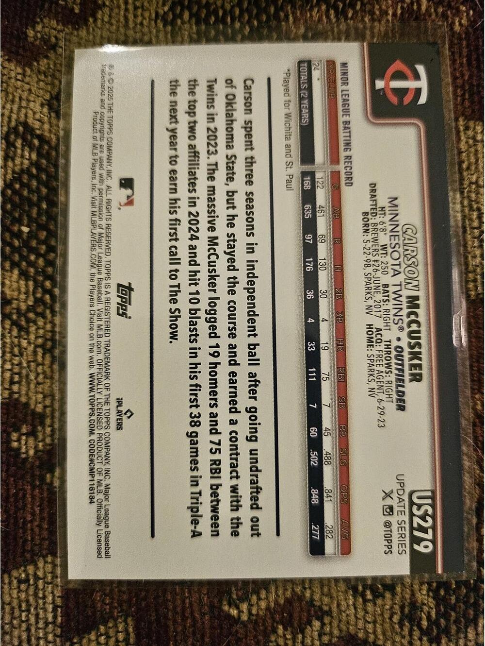 2025 Topps Update - Carson McCusky - RC  #US279 - Twins - RAW Mint - Picture 1 of 2